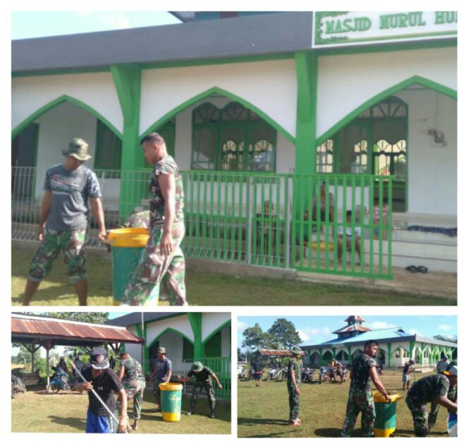 
					Bersama Warga Perbatasan, Satgas Yonmek 521/DY Bersih-Bersih Area Masjid