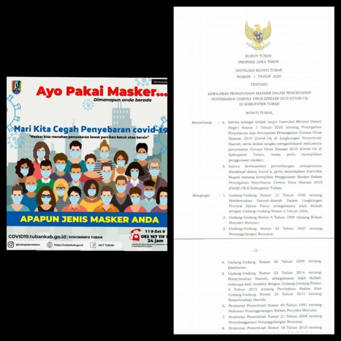 
					Instruksi Bupati Tuban Nomor : 1 Tahun 2020 Tentang Wajibkan Warga Pakai Masker.