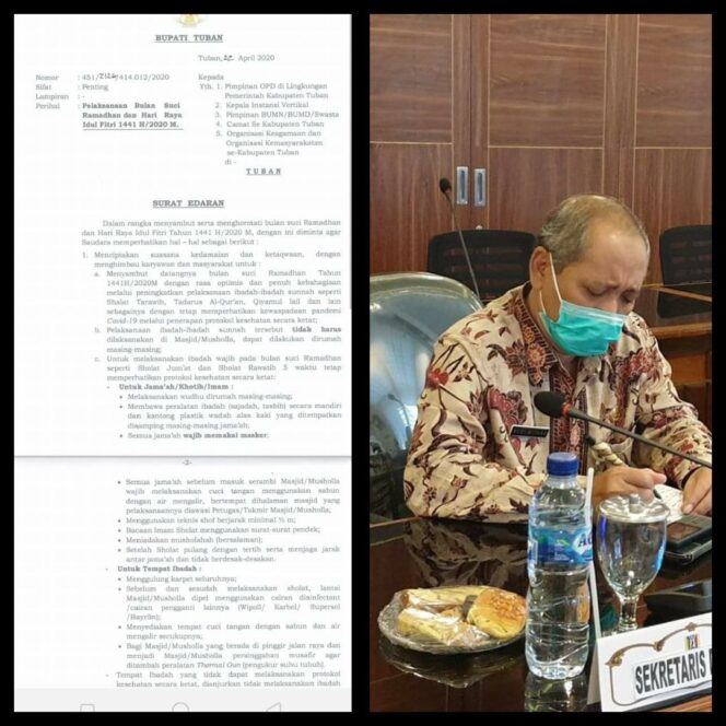 
					Surat Edaran Bupati Tuban Tentang Ramadhan dan Idul Fitri. Sekda Budi Wiyana : Untuk pelaksanaan Sholat Idul Fitri masih menunggu terbitnya Fatwa MUI.