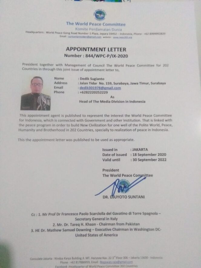 
					Presiden Dunia The World Peace Committee Mengangkat Ketum SWI Sebagai Kepala Divisi Media di Indonesia