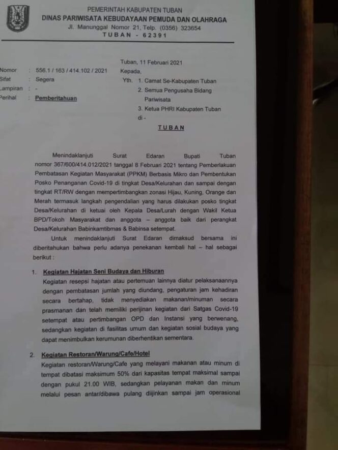 
					Pembatasan Resepsi Hajatan Pada Masa PPKM Mikro , Disparbudpora Keluarkan Edaran.