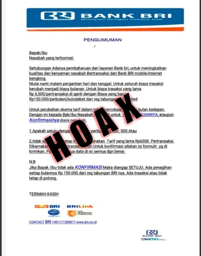 
					HOAX..!!! PESAN ATAS NAMAKAN BRI SOAL PERUBAHAN TARIF TRANSAKSI BANK