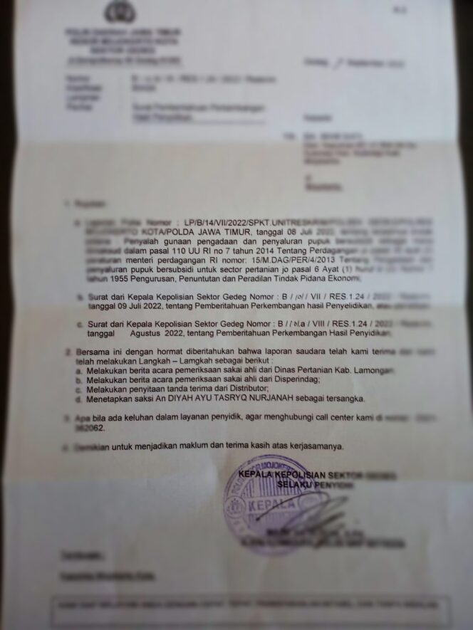 
					Akhirnya…Polisi Tetapkan Tersangka Pengedar Pupuk Subsidi Lamongan-Mojokerto