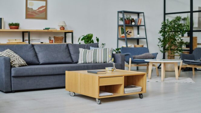 
					Modern living room with coffee table in the middle and comfortable sofa